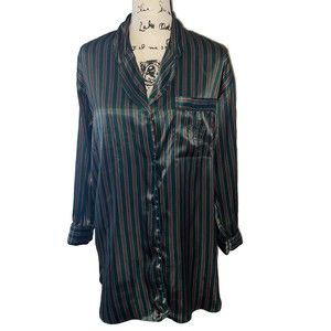 Vintage Victoria's Secret Petite Green Red silky striped pajama top Button Down